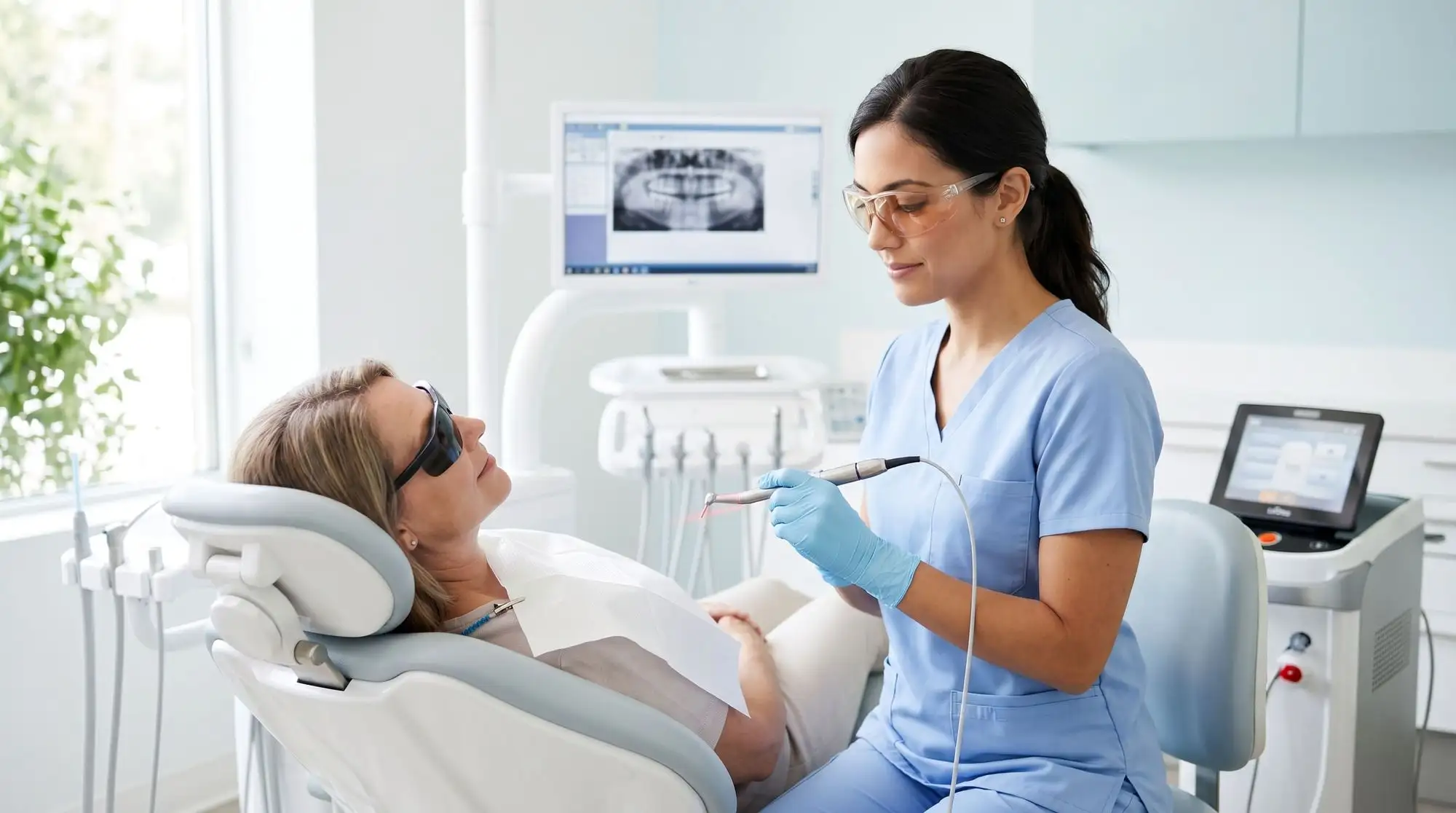 Dentist using laser device dental chair